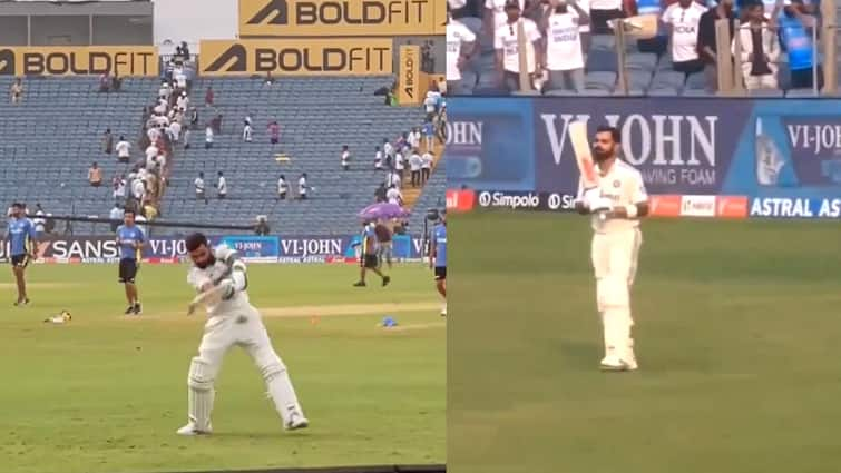 virat kohli batting practice after india vs new zealand 2nd test day 1 stumps head coach gautam gambhir burst into laughter Virat Kohli: विराट कर रहे थे अभ्यास, फिर गौतम गंभीर ने आकर किया ये काम; मैदान पर लगाए जोर-जोर से ठहाके