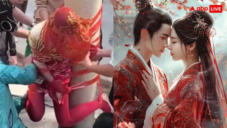 During a ritual in China the groom friends torture the bride by tying her to a pole goes viral यहां शादी के बाद दुल्हन को खंभे से बांधकर परेशान करते हैं दुल्हे के दोस्त, वायरल हो रही तस्वीरें