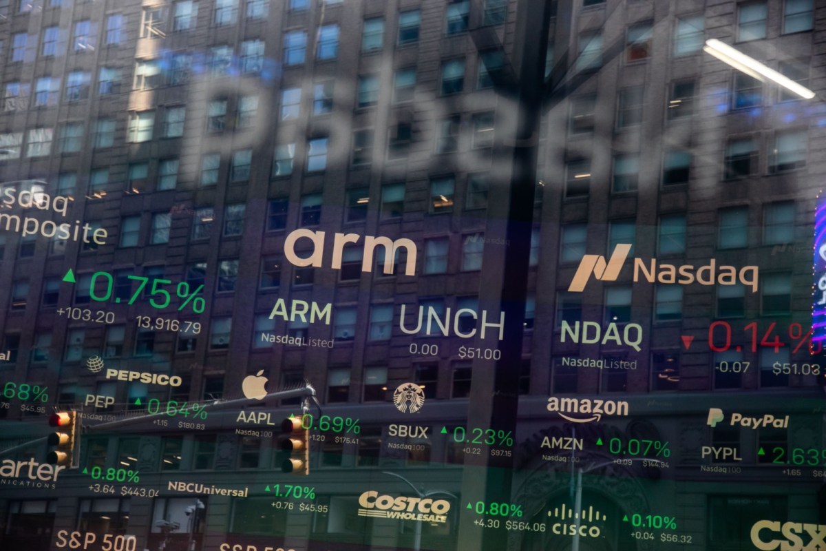 Arm Holdings Plc signage during the company's IPO at the Nasdaq MarketSite in New York, US, on Thursday, Sept. 14, 2023.