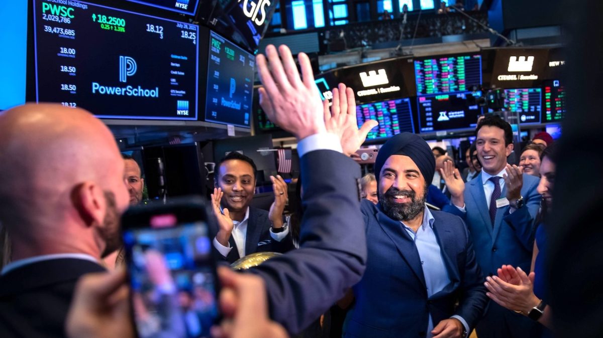 PowerSchool CEO Hardeep Gulati celebrates the company's NYSE IPO in July, 2021.