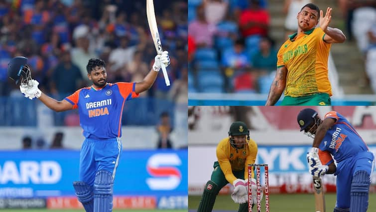 south africa needs 203 runs to win first t20 match india sanju samson century hardik pandya patrick kruger ind vs sa 1st t20 IND vs SA: संजू सैमसन का दमदार शतक, फिर रिंकू-हार्दिक हुए फेल; दक्षिण अफ्रीका को दिया 203 रनों का लक्ष्य