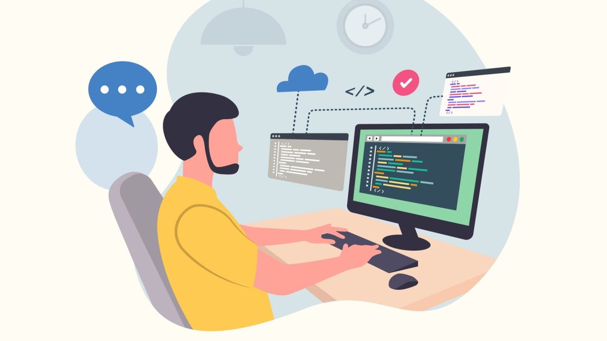 graphic of a programmer typing data code on computer