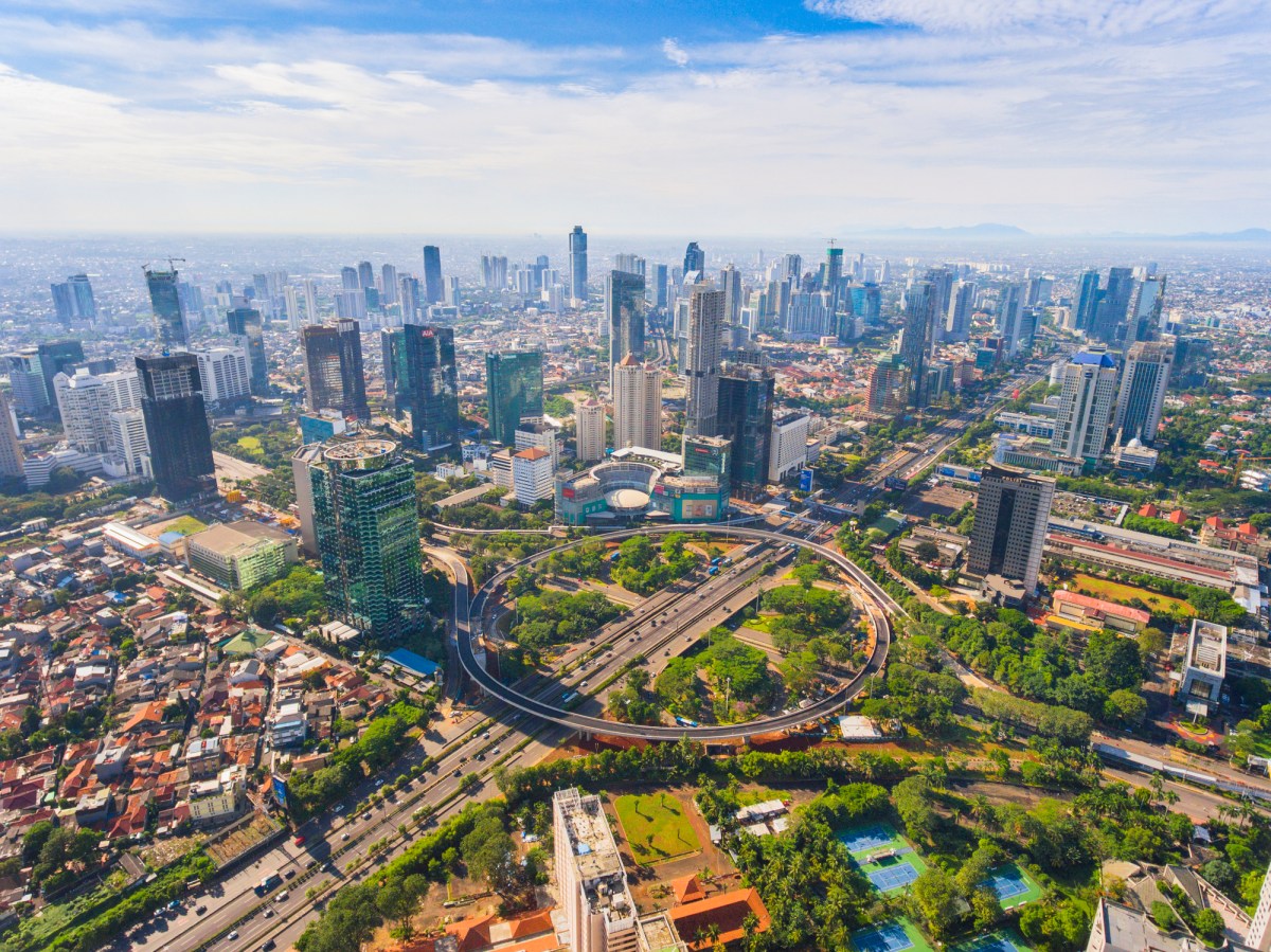 A photo of the Semanggi overpass and skyscape in Jakarta, Indonesia.