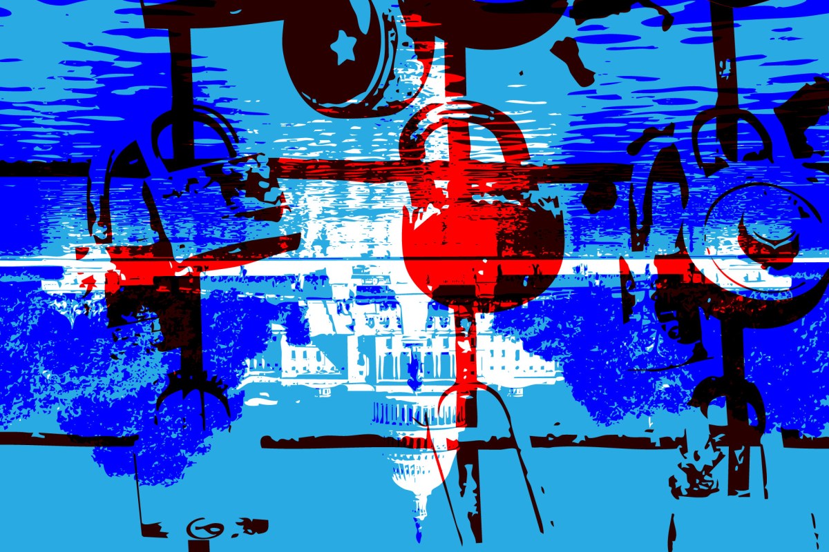 an illustration of the U.S. Capitol with a blue background, with red locks symbolizing ransomware overlaying.