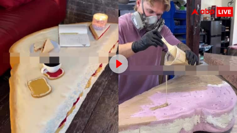 Artist named Kamber Carroll created a table on the theme of peanut butter jelly sandwiches video goes viral गजब की कलाकारी! इस रेस्टोरेंट में खाना नहीं टेबल देखकर भी मुंह में आएगा पानी, देख लें वीडियो